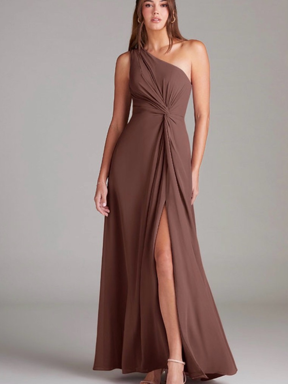 Azazie One-Shoulder Brown Twisted Front Evening Gown